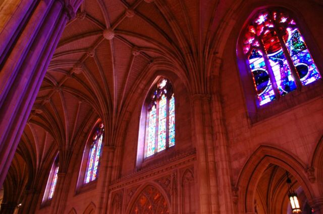 Stained glass and stone arches