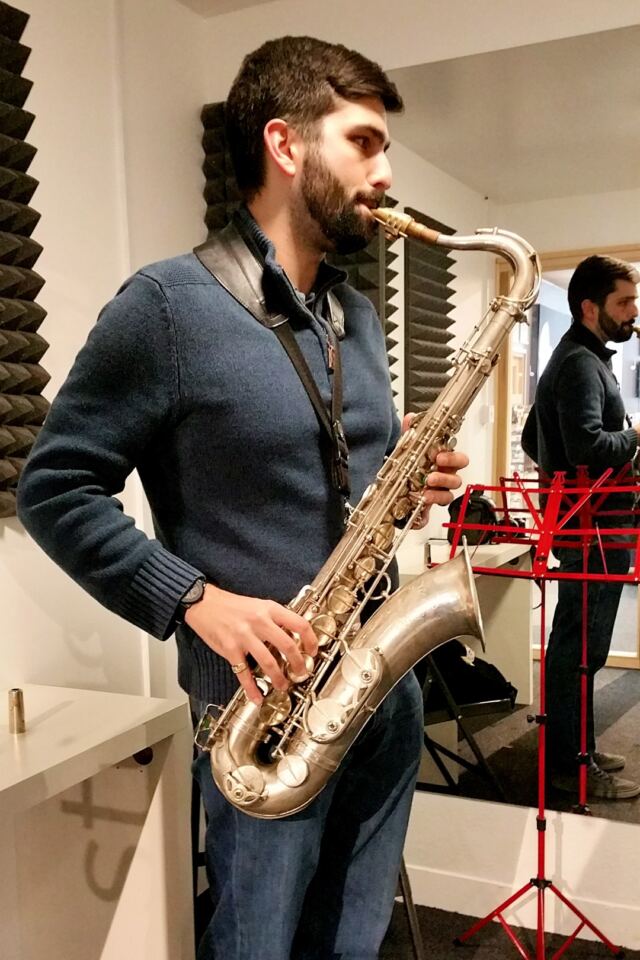 Andrew trying out some high-end saxophones (3)
