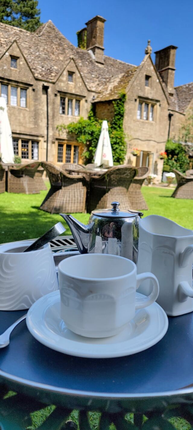 Having a cuppa in the Charingworth garden
