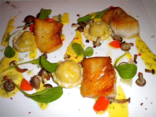 Miniature Filets of Black Cod Saute with Lemon Vodka Sauce and Lilliputian Shrimp Dumplings