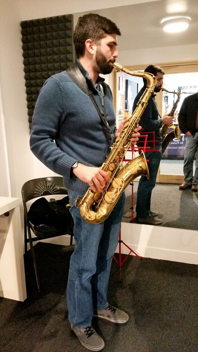 Andrew trying out some high-end saxophones (5)