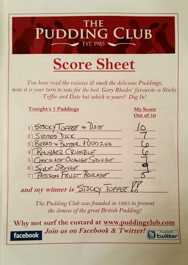 The Pudding Club - my score sheet