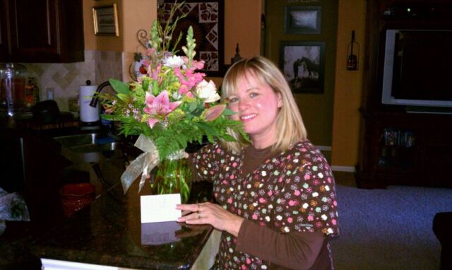 Kathy and her birthday flowers from our English fa