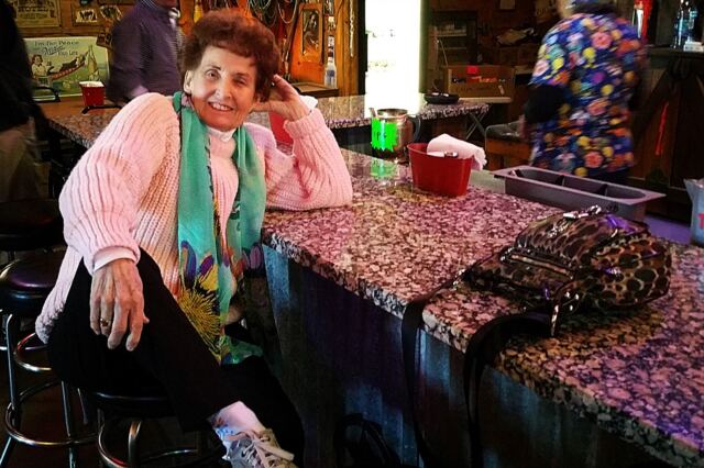 Geri gets comfy in the Knot in the Loop biker bar