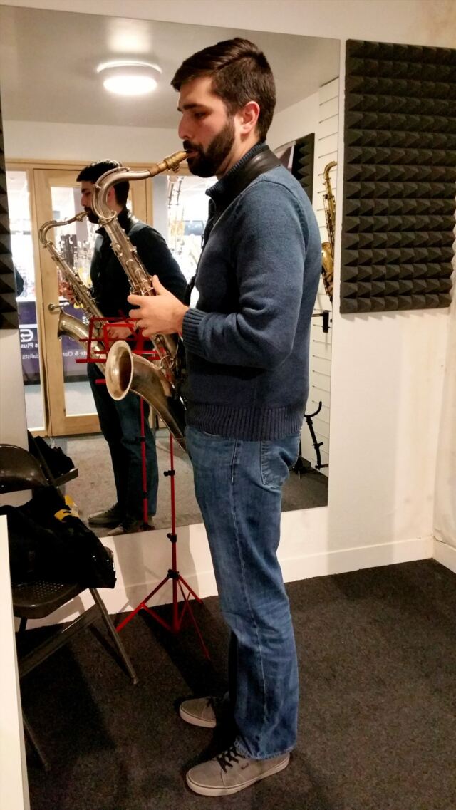 Andrew trying out some high-end saxophones (1)