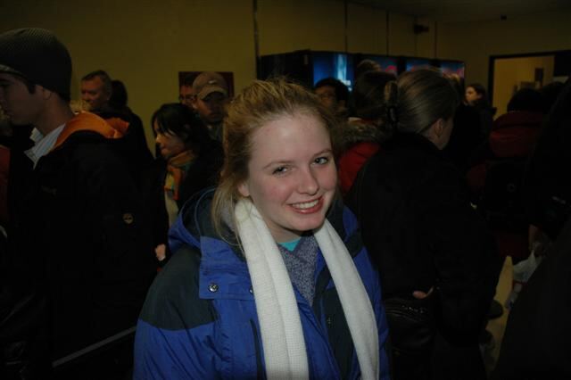 Melanie waits in line patiently