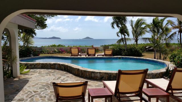 First view of Villa on the Beach overlooking Mahoe Bay