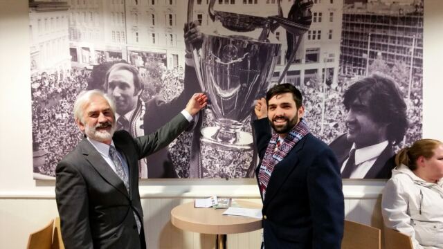 Andrew and the 1982 European Cup winning Captain for Aston Villa, Dennis Mortimer, 'holding the Cup' in the 1982 team lounge!