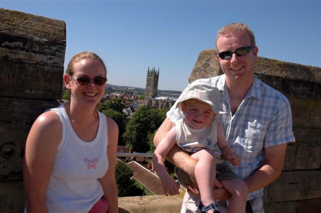 Jenny, Sam, and Julian atop Warwick Castle