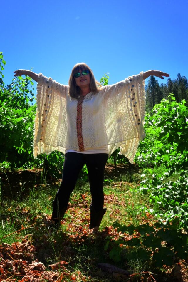 Boeger Winery - sunlit Kathy in the grapevines