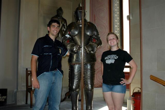 Andrew, Melanie, and a suit of armor