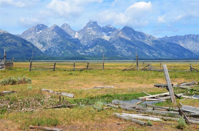 Old fence, field, and Tetons