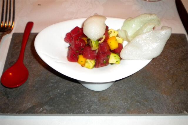 Melange of Spicy Big Eye Tuna with Avocado, Crispy Shallots and Sake-Yuzu Sorbet
