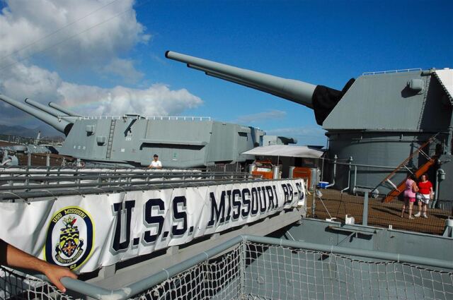 U.S.S. Missouri gangway and main guns