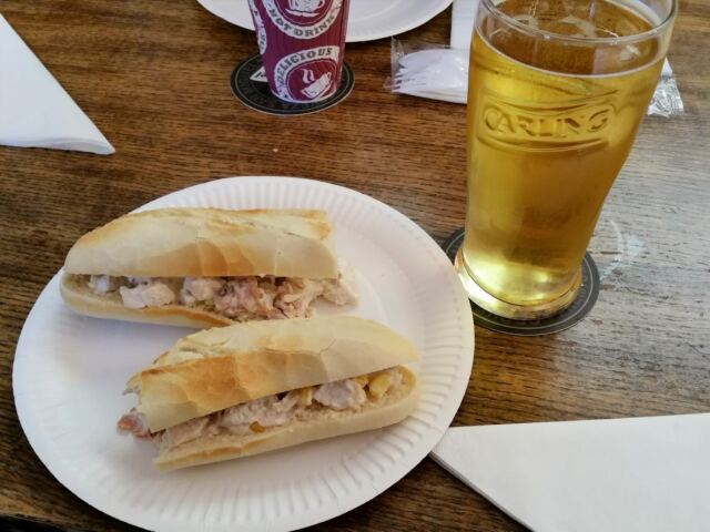 Chicken sandwich and cider