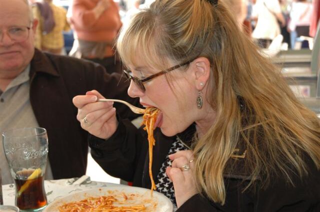 Kathy enjoys her first 'real' Italian meal
