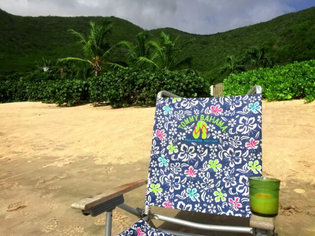 Kathy's regular seat, drink, and view behind her