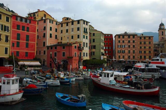 Boats crowd Camogli's small harbor