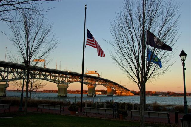 Coleman Bridge and half-staff Old Glory