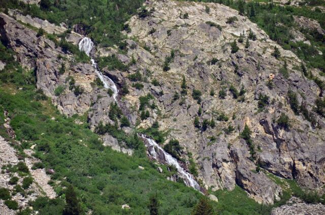 Mountainside waterfall, as seen from Jenny Lake