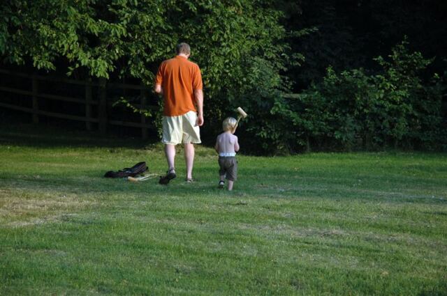 Julian and Sam on the hunt for croquet balls