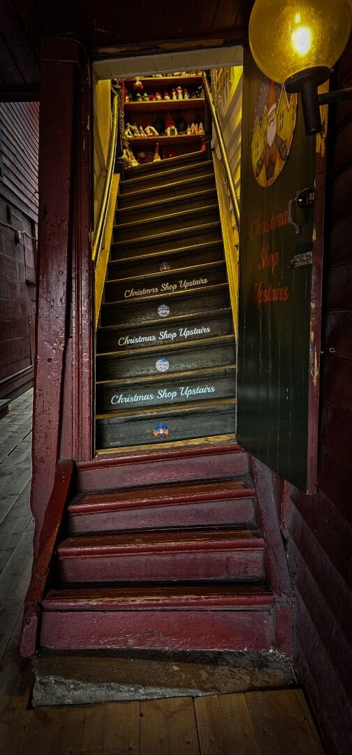 Christmas Shop crooked stairs