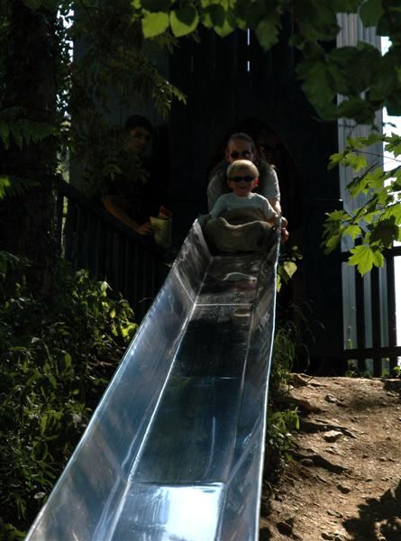 Sam comes down the slide
