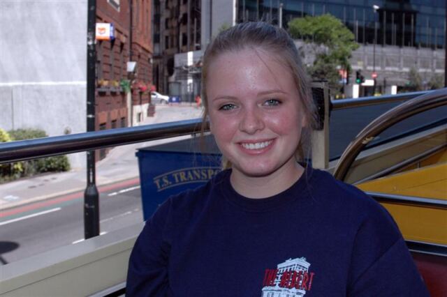 Melanie on the double-decker bus