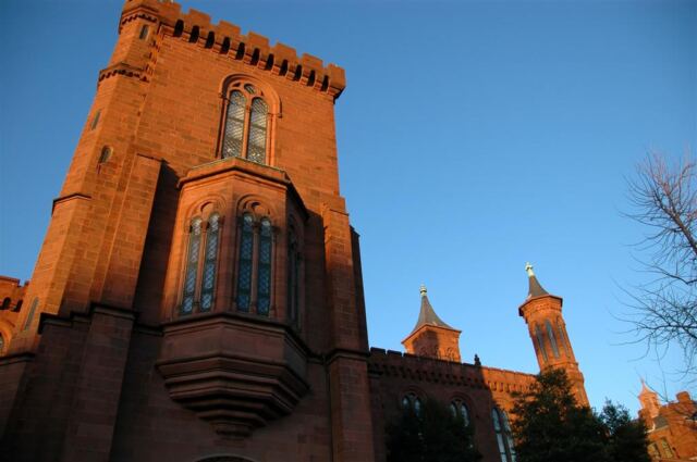 Late afternoon sunlit Smithsonian Castle