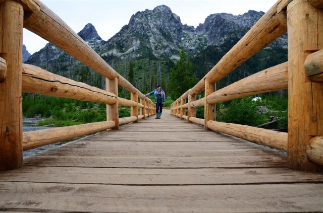 Kathy on String Lake bridge