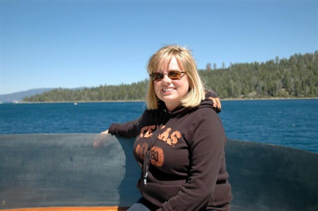 Kathy on boat cruise in Emerald Bay
