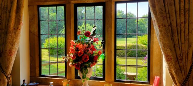 Oakleigh House back garden through the window