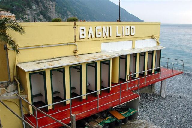 Rows of changing rooms on Camogli's beach