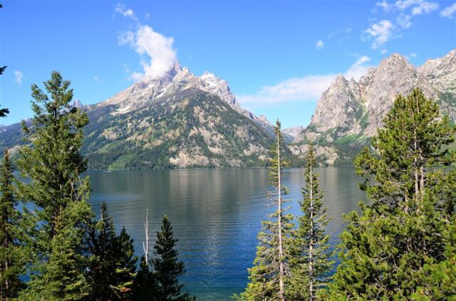 Jenny Lake and cloudy Tetons