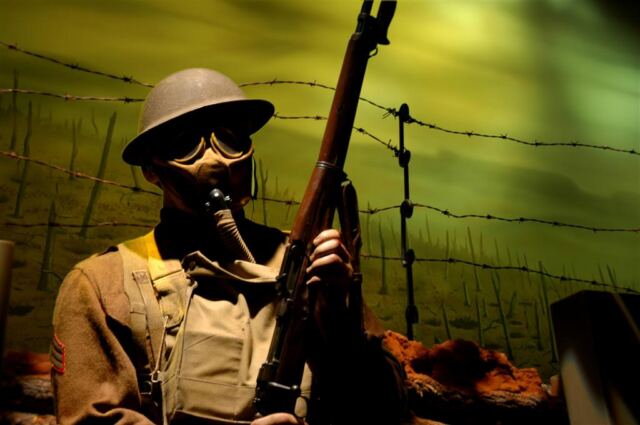 WWI Marine in the trenches with full gas mask