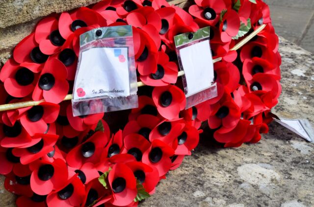 Remembrance Poppies at base of Broadway War Memorial