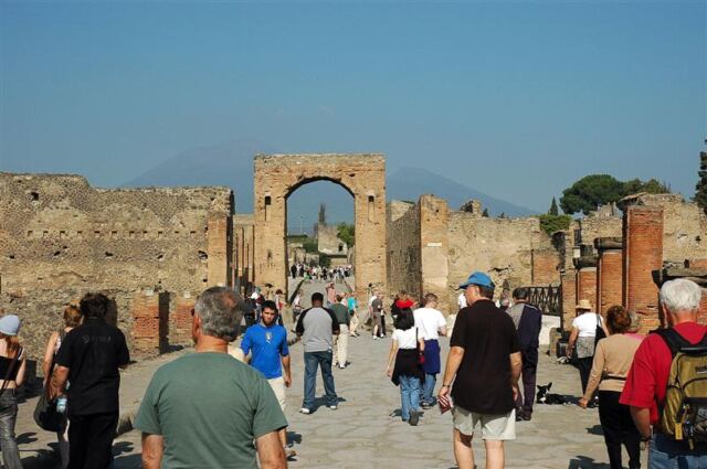 Pompeii ruins with Vesuvius in distance