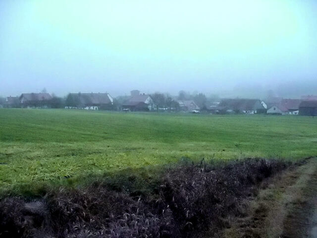 Foggy village across the field