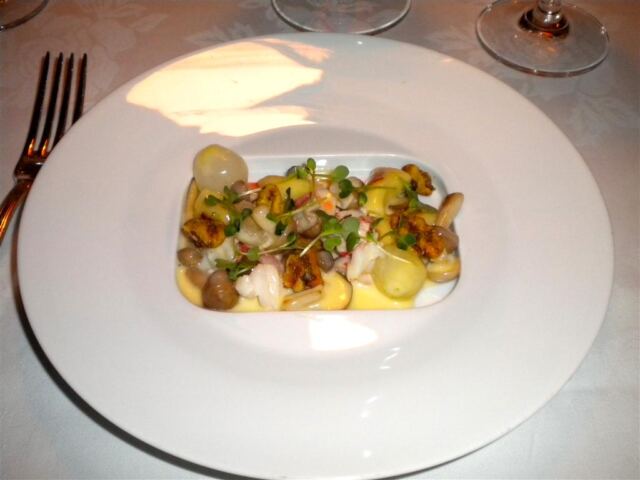 Fricassee of Lobster with Potato Gnocchi, Green Grapes and Curried Walnuts